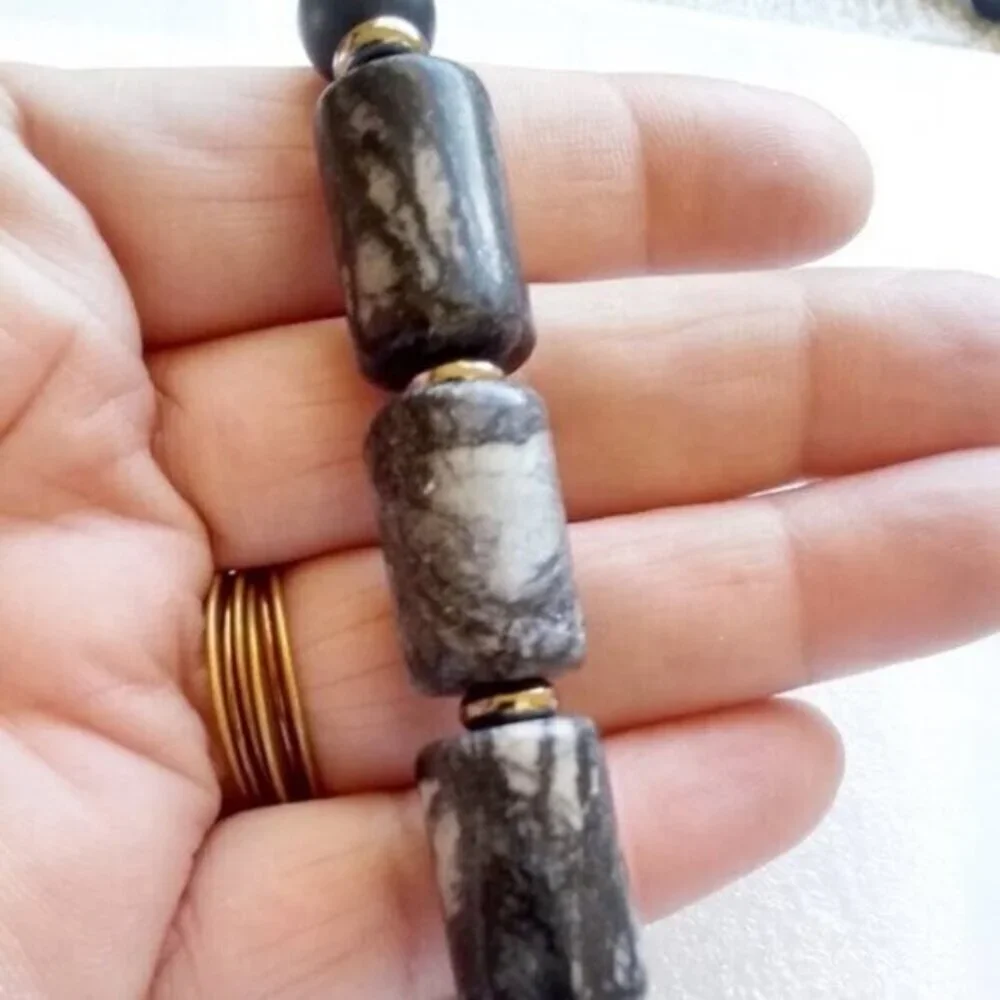 Chunky & Masculine! Black + Gray Jasper Stretch Bracelet - Grunge Goth Punk